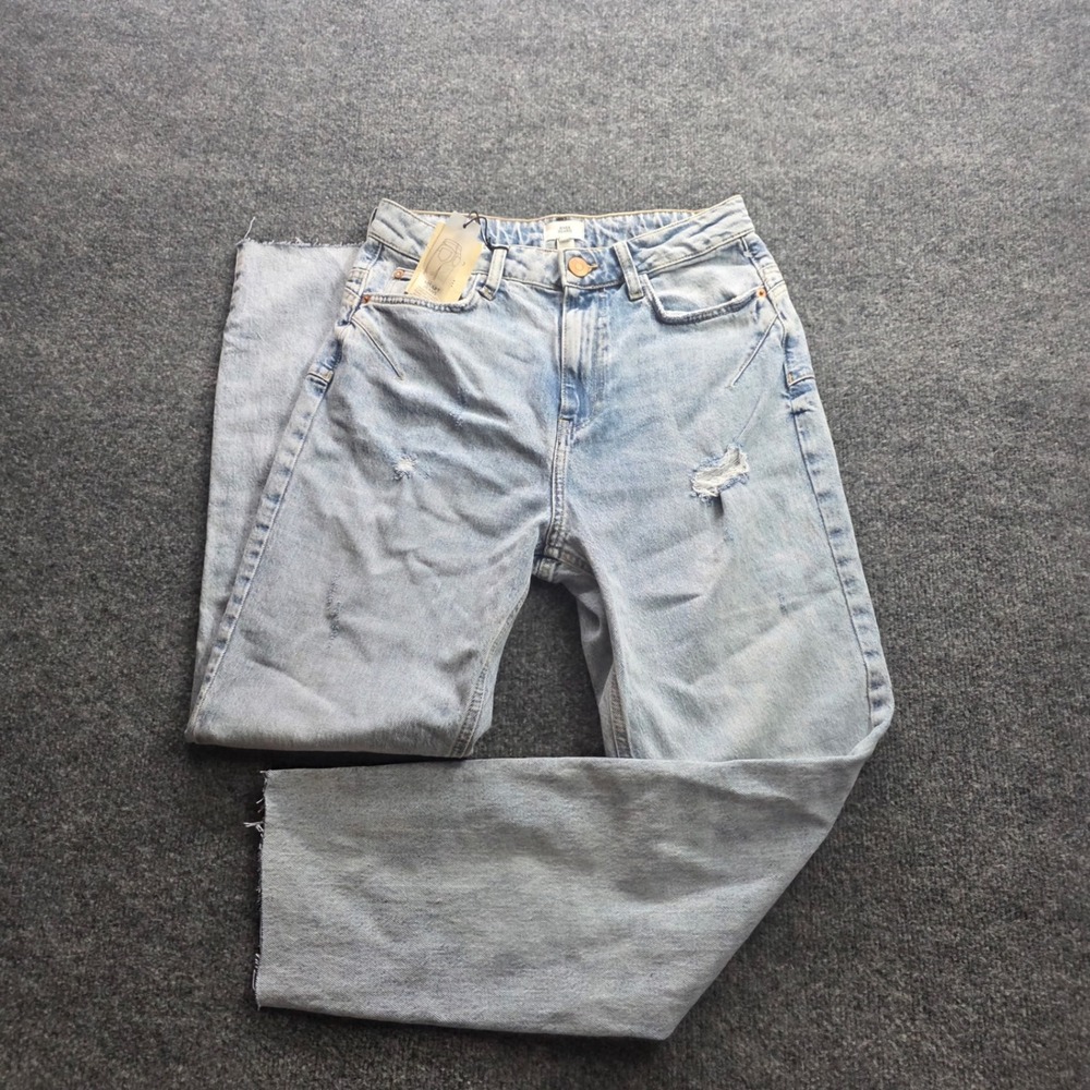 River Island Carrie Mom Jeans‎ Distressed Ripped High Waist Tall 10 Light Blue
